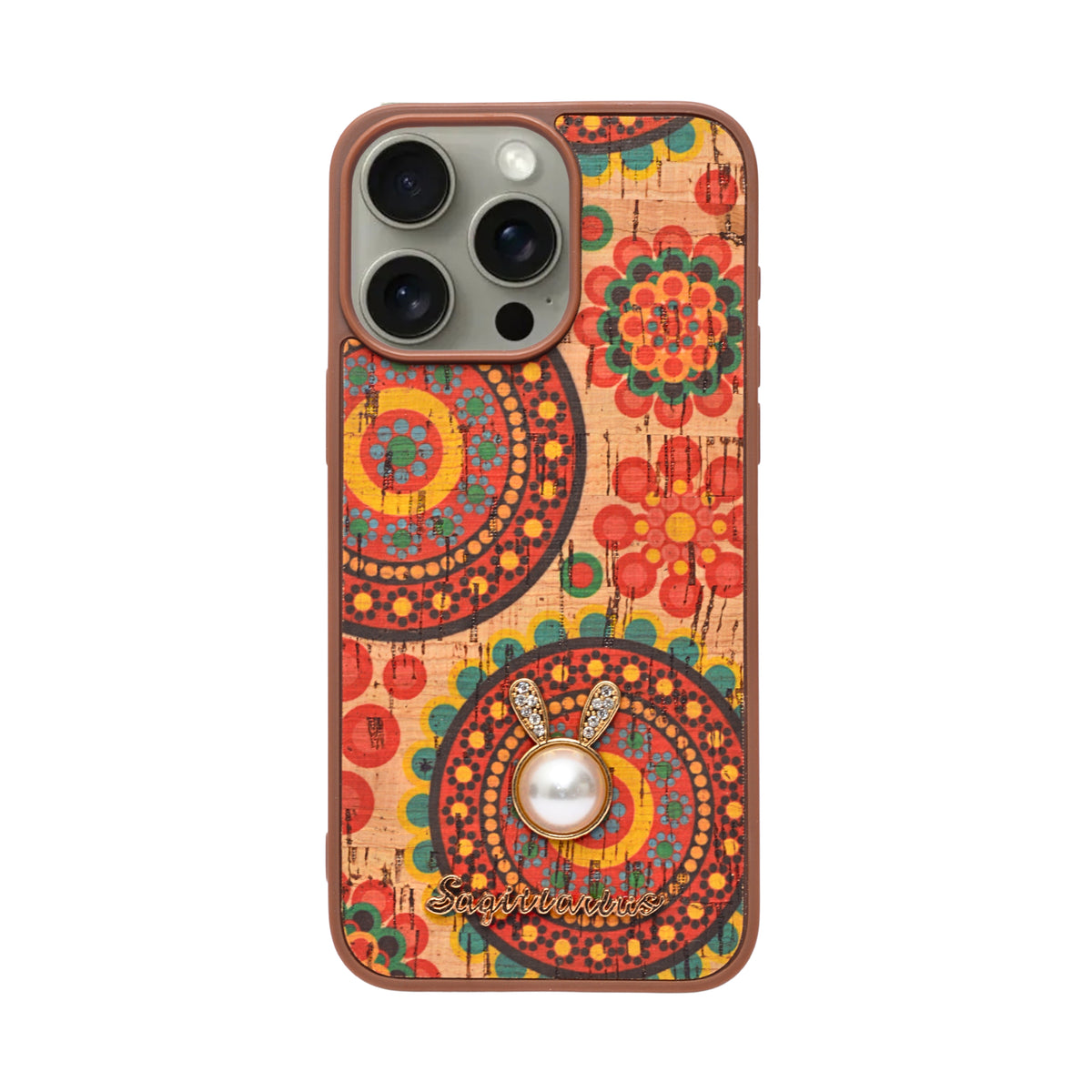 Bohemian Ethnic Print Cork Texture with Pearl Detail Phone Case for iPhone 15 Pro Max