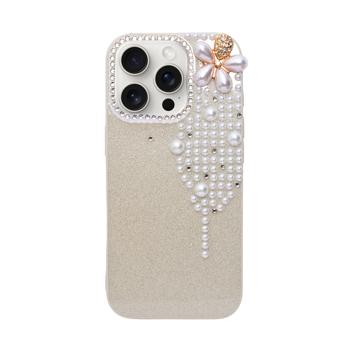 Luxury Glitter Finish with 3D Pearl Flower Design Phone Case for iPhone 16 Pro