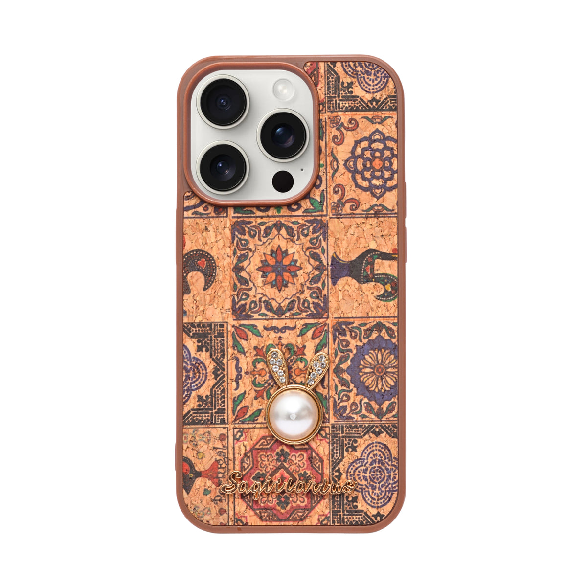 Bohemian Ethnic Print Cork Texture with Pearl Detail Phone Case for iPhone 14 Pro