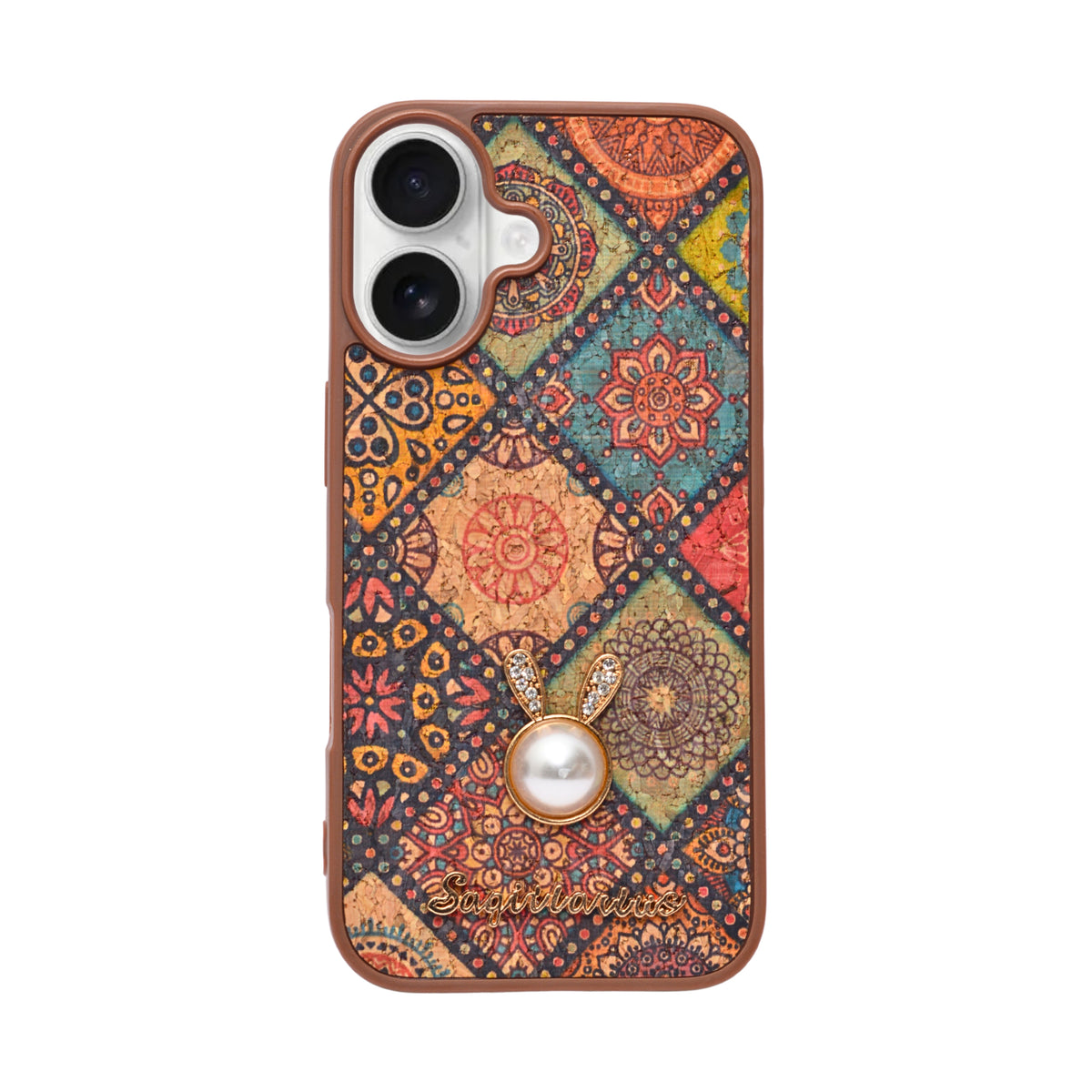 Bohemian Ethnic Print Cork Texture with Pearl Detail Phone Case for iPhone 16
