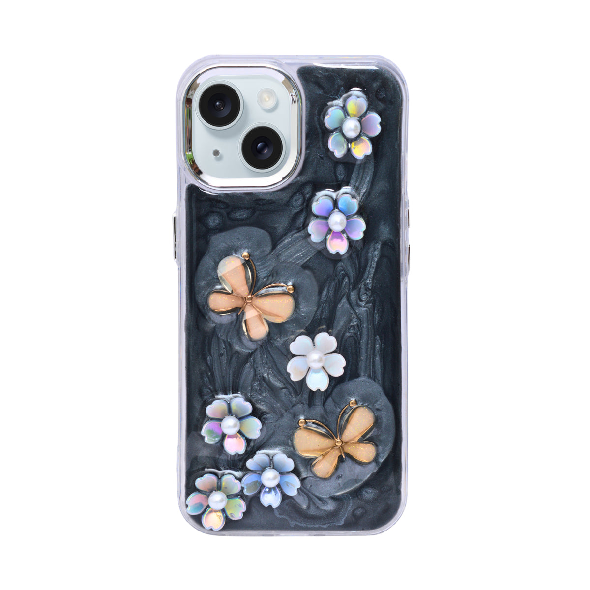 Luxury 3D Iridescent Pearl Flower & Butterfly Phone Case for iPhone 15