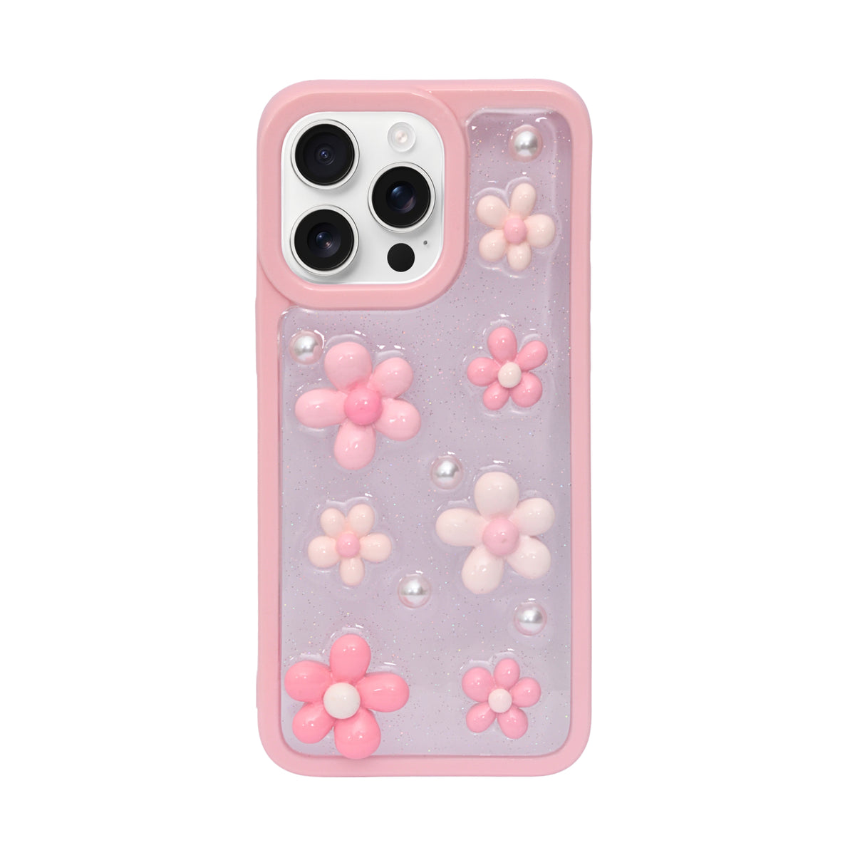 3D Pink Floral Pearl Design Protective Phone Case for iPhone 15 Pro Max