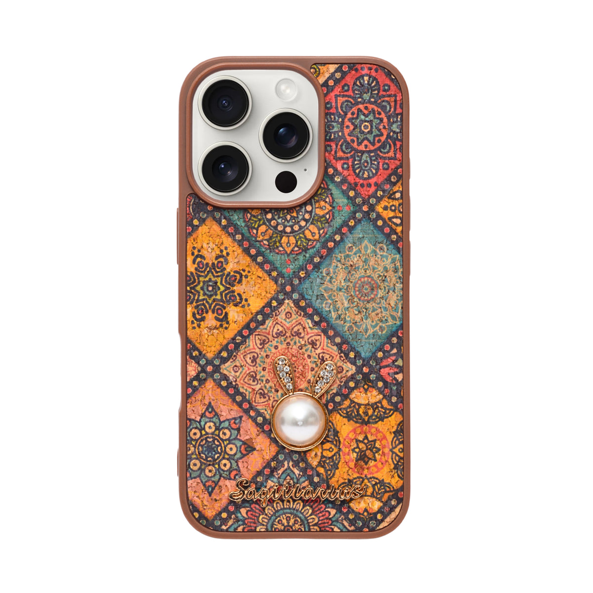 Bohemian Ethnic Print Cork Texture with Pearl Detail Phone Case for iPhone 16 Pro