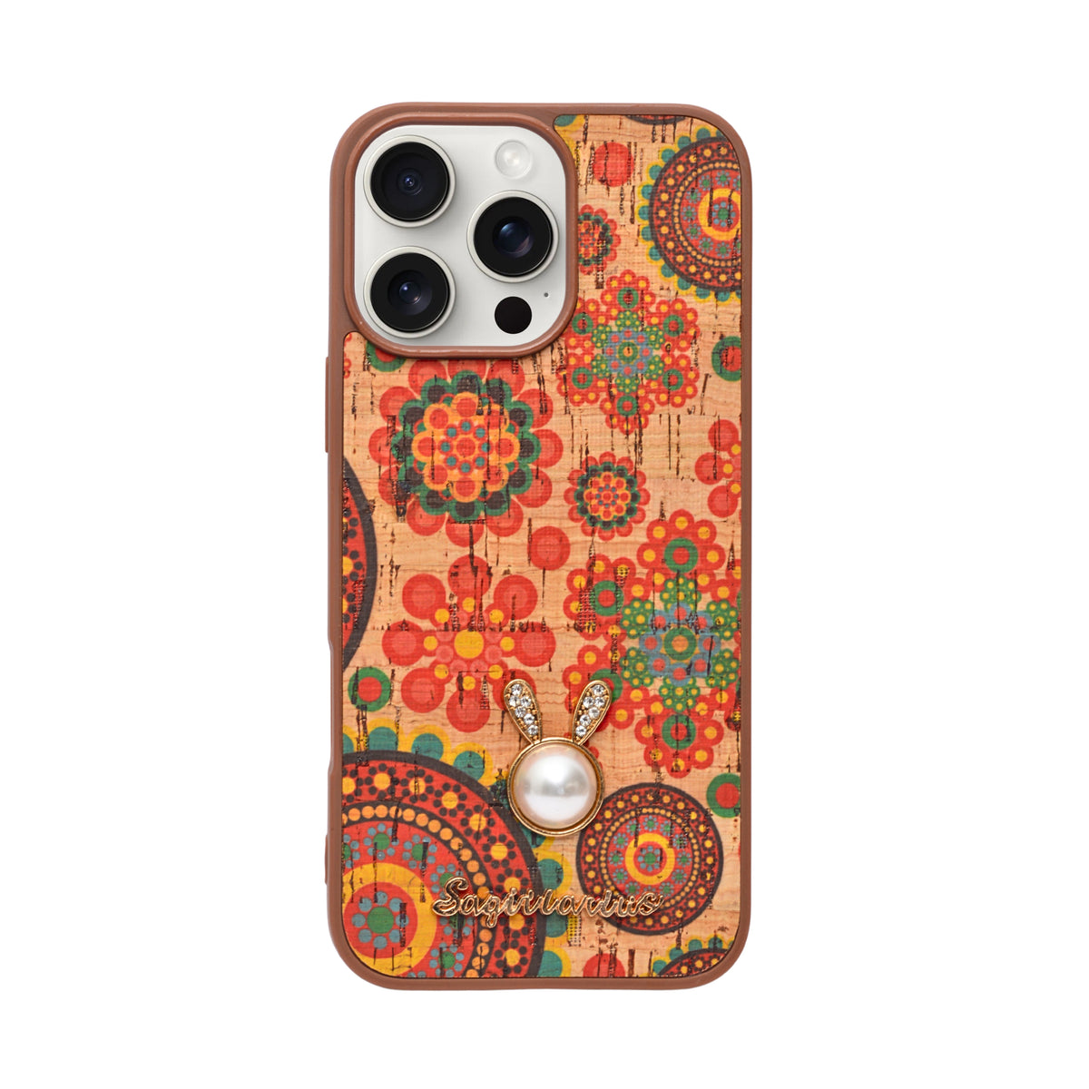 Bohemian Ethnic Print Cork Texture with Pearl Detail Phone Case for iPhone 16 Pro Max