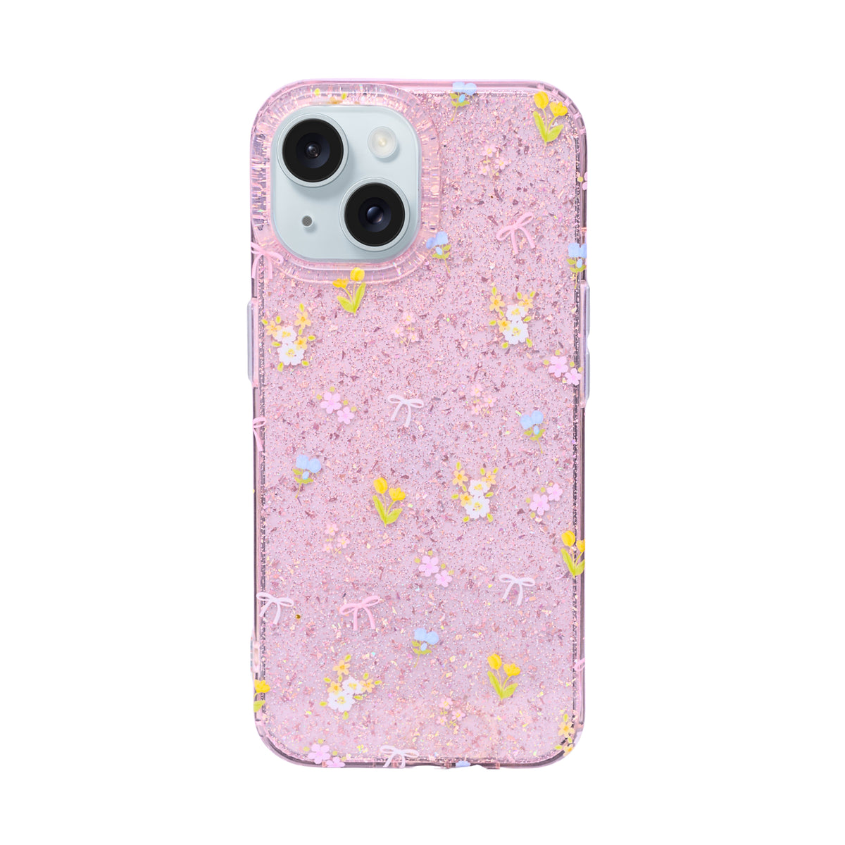 Sparkle Floral Bow with Pearl & Butterfly Charm Wristlet Phone Case for iPhone 15