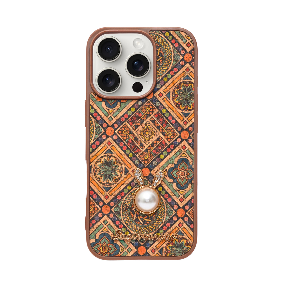 Bohemian Ethnic Print Cork Texture with Pearl Detail Phone Case for iPhone 16 Pro
