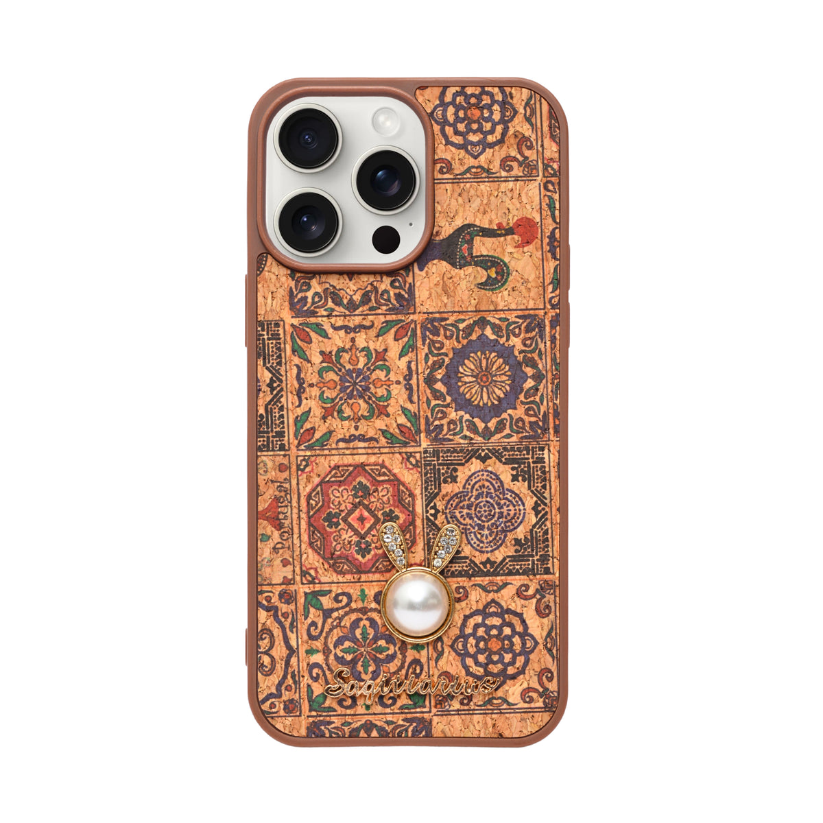 Bohemian Ethnic Print Cork Texture with Pearl Detail Phone Case for iPhone 14 Pro Max