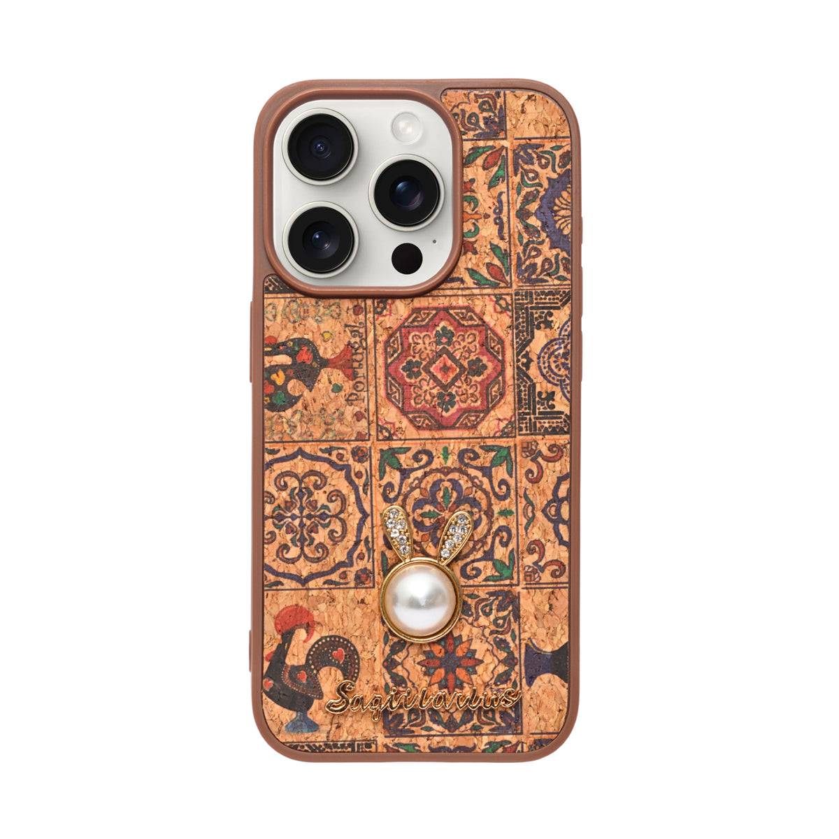 Bohemian Ethnic Print Cork Texture with Pearl Detail Phone Case for iPhone 15 Pro