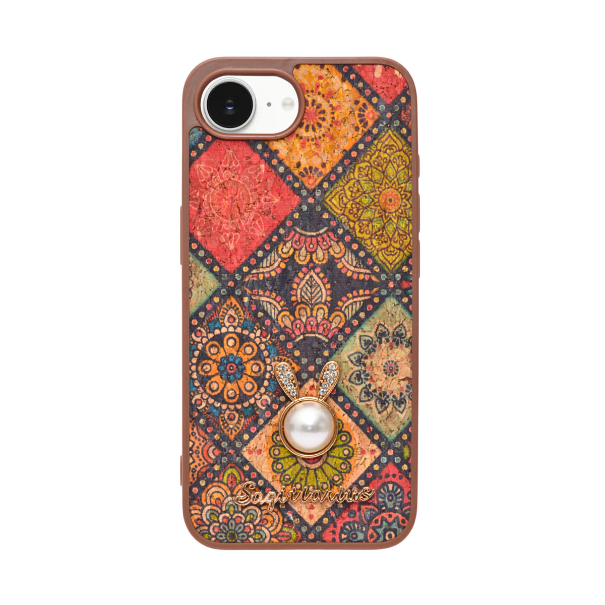 Bohemian Ethnic Print Cork Texture with Pearl Detail Phone Case for iPhone 16e