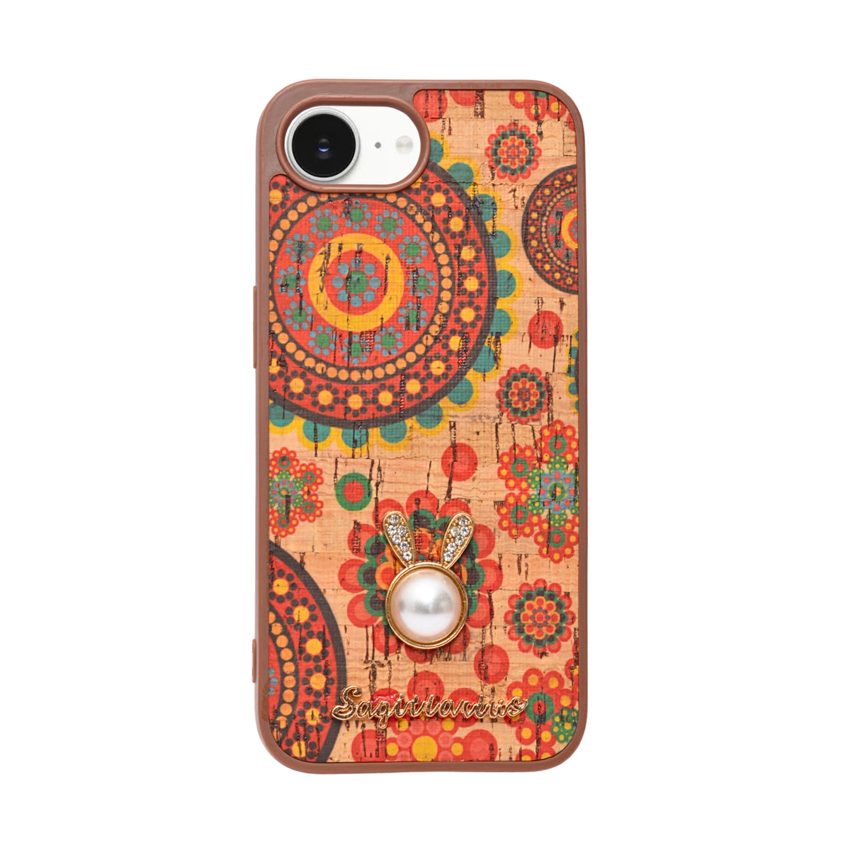Bohemian Ethnic Print Cork Texture with Pearl Detail Phone Case for iPhone 16e
