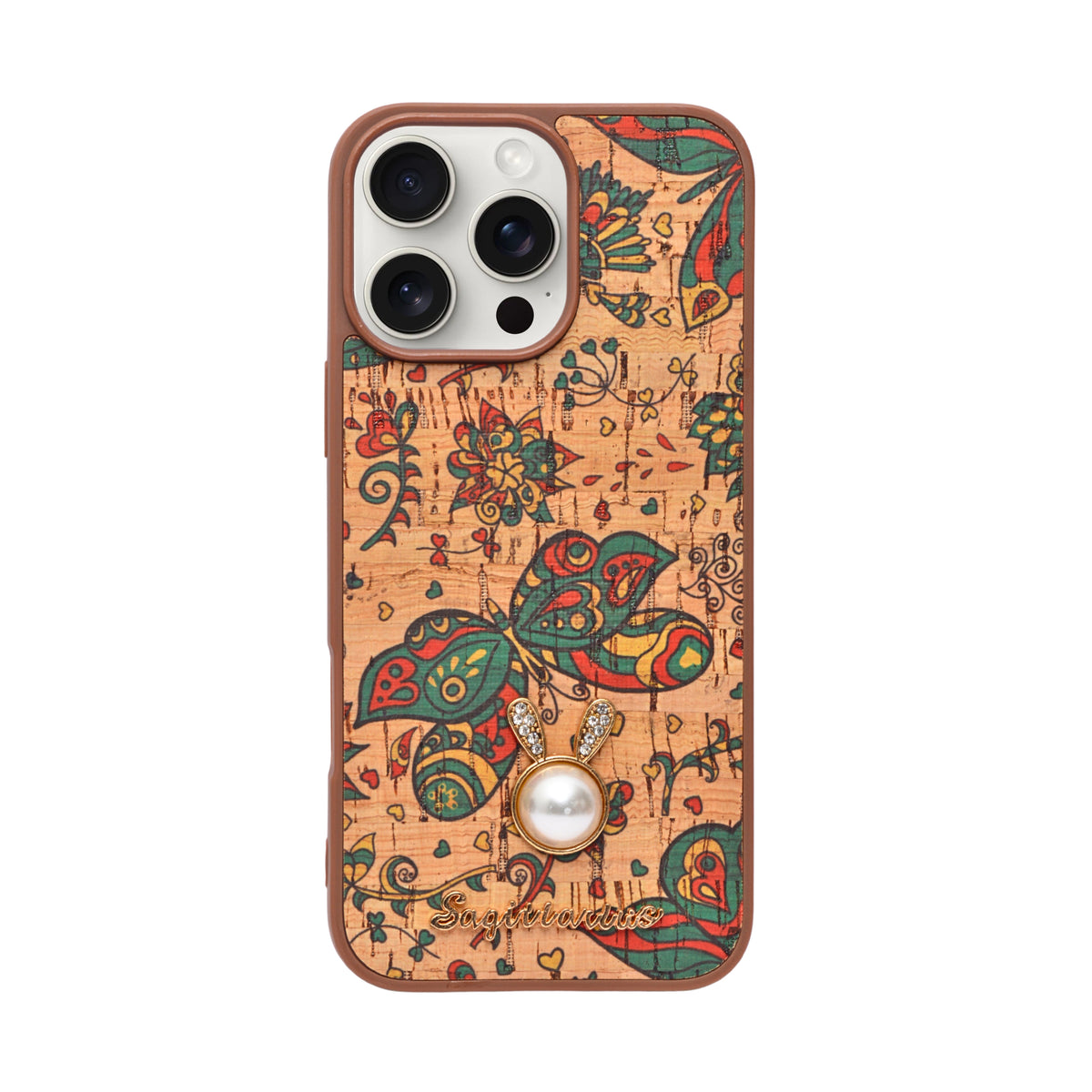 Bohemian Ethnic Print Cork Texture with Pearl Detail Phone Case for iPhone 16 Pro Max