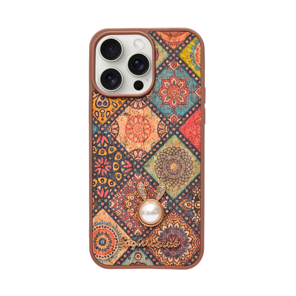 Bohemian Ethnic Print Cork Texture with Pearl Detail Phone Case for iPhone 14 Pro Max