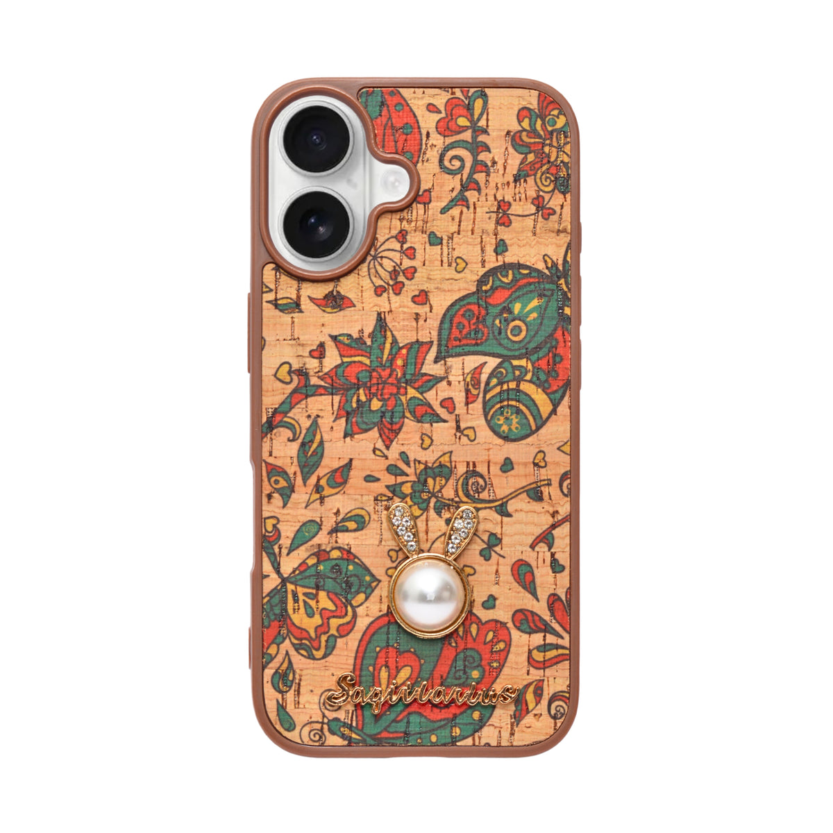 Bohemian Ethnic Print Cork Texture with Pearl Detail Phone Case for iPhone 16