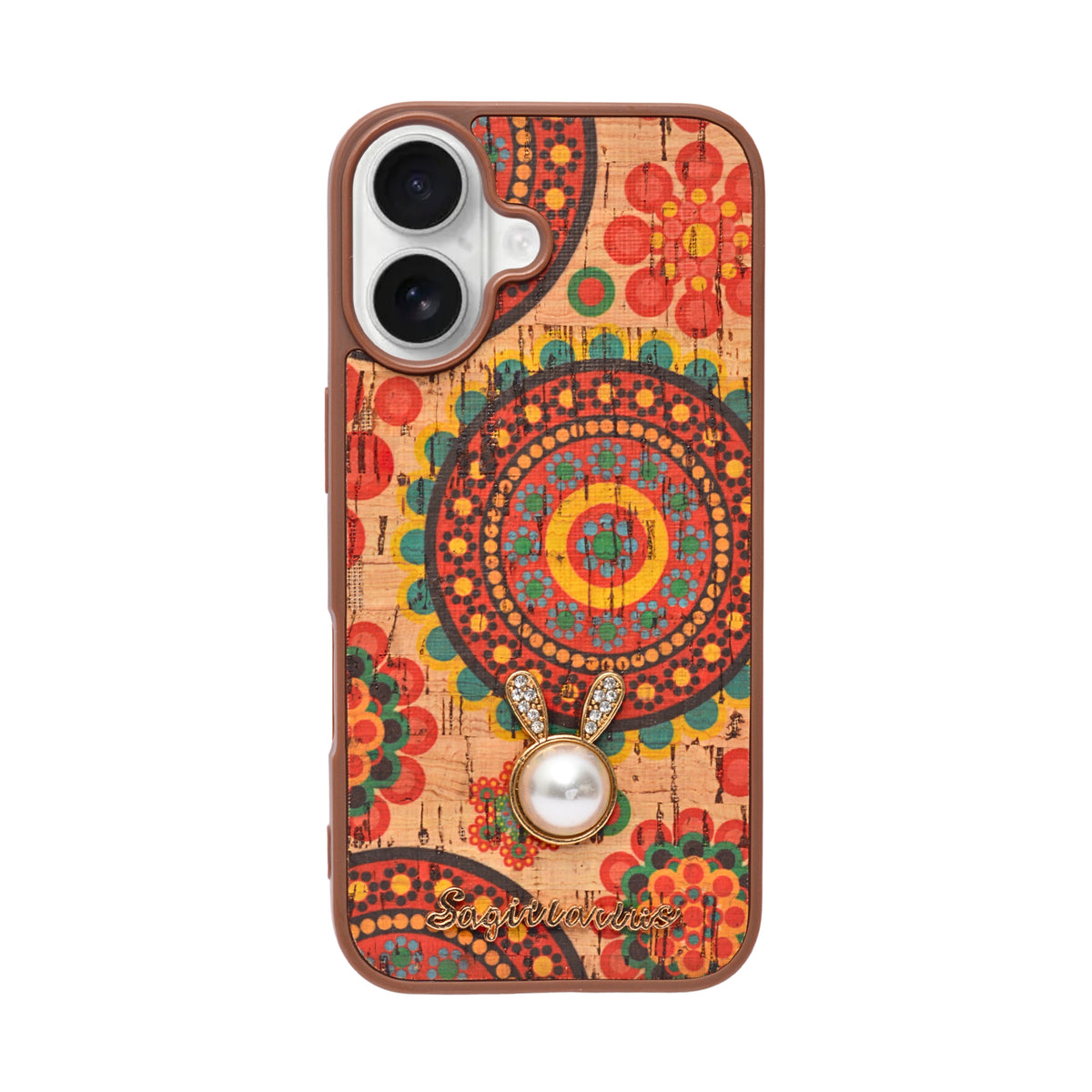 Bohemian Ethnic Print Cork Texture with Pearl Detail Phone Case for iPhone 16