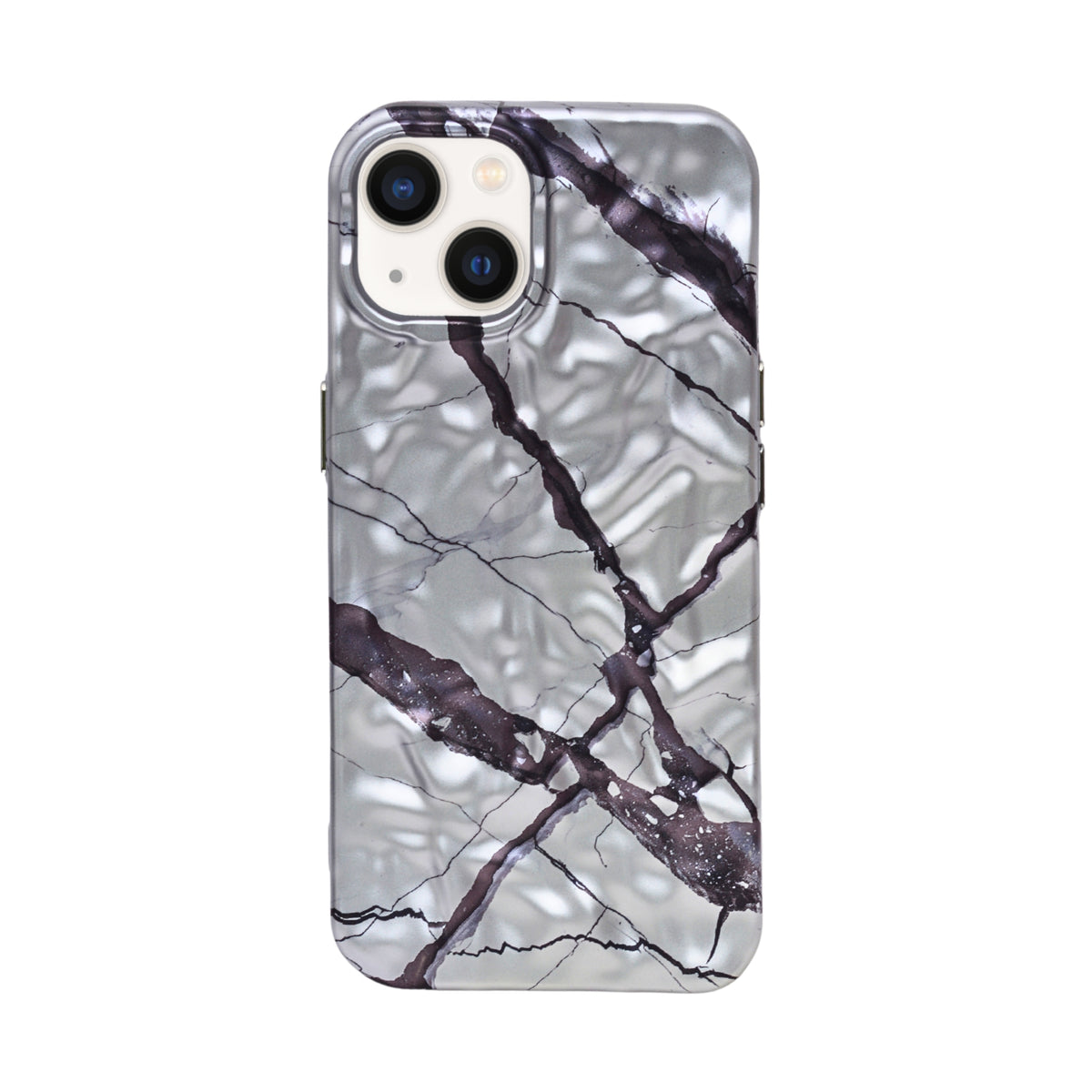 Glossy Silver Chrome with Black Crackle Marble Design Phone Case for iPhone 13 / 14