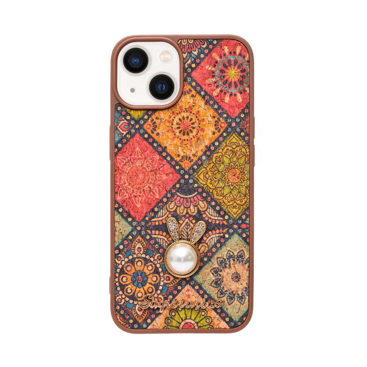 Bohemian Ethnic Print Cork Texture with Pearl Detail Phone Case for iPhone 13 / 14