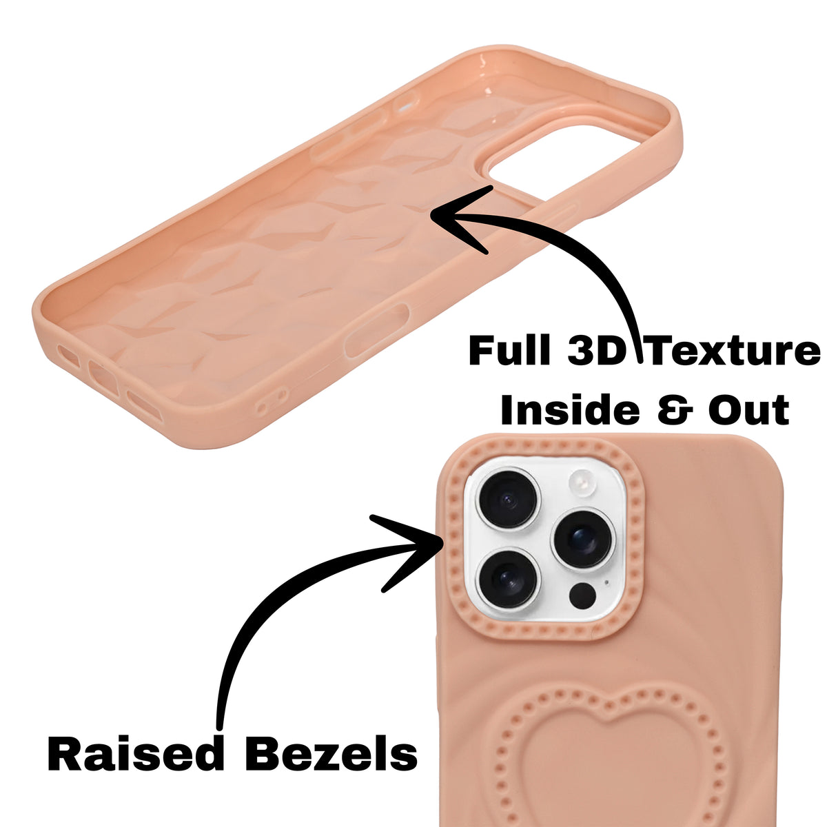 3D Heart Design Soft Silicone Protective Case for iPhone 16 Pro