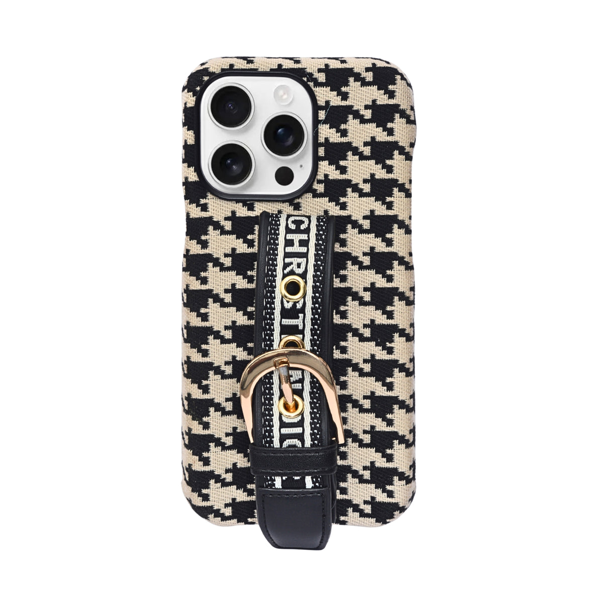 Dior Inspired Houndstooth Pattern with Adjustable Belt Buckle Holder Phone Case for iPhone 15 Pro Max