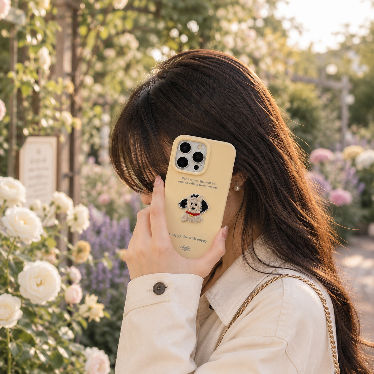 Cream Yellow Embroidered Red-Collar Puppy Case