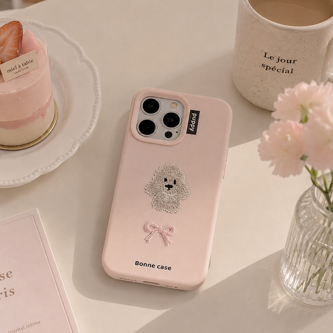 Aesthetic Pastel Pink Embroidered Puppy & Ribbon Bow Case