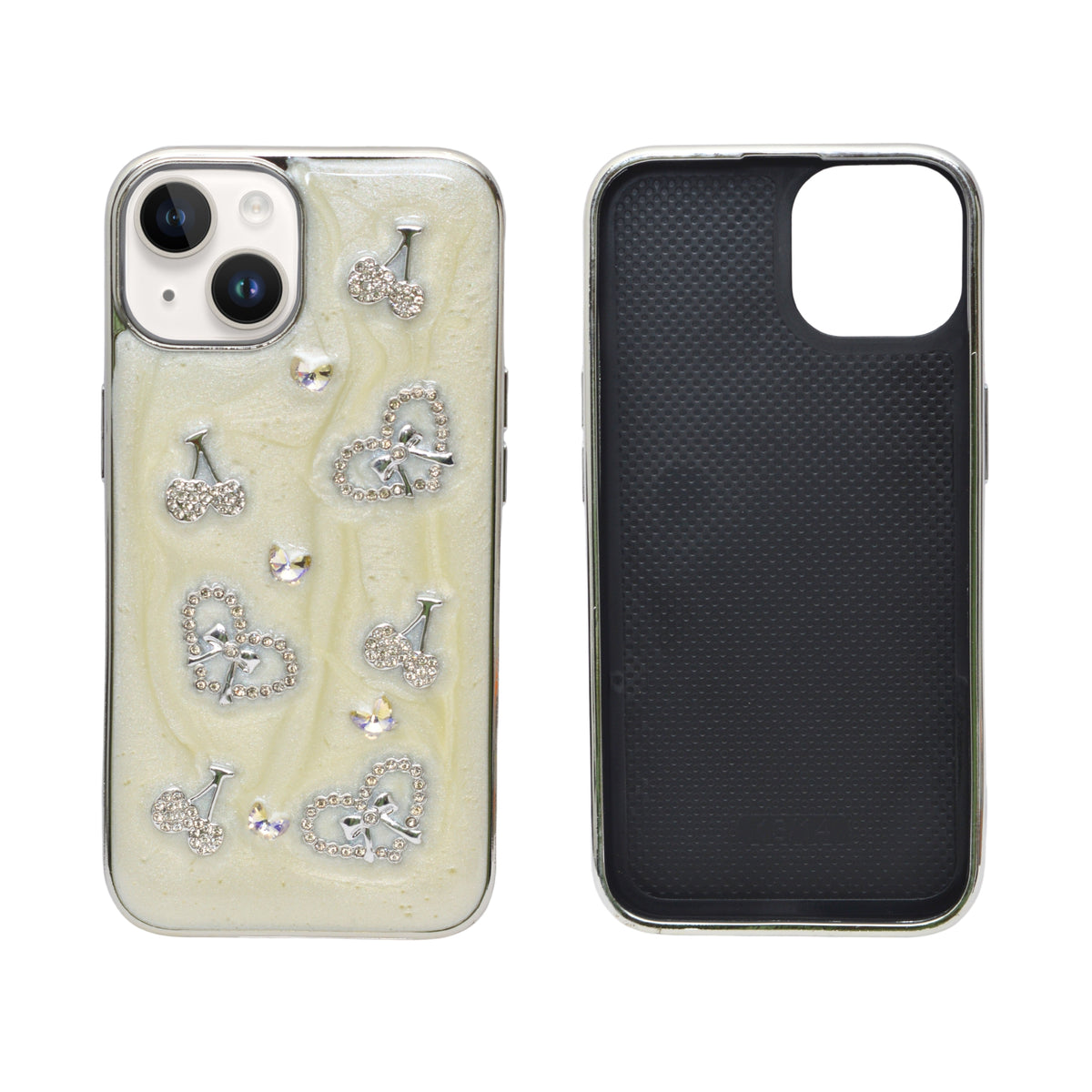 Rhinestone Embellished White Marble Phone Case for iPhone 13/ 14