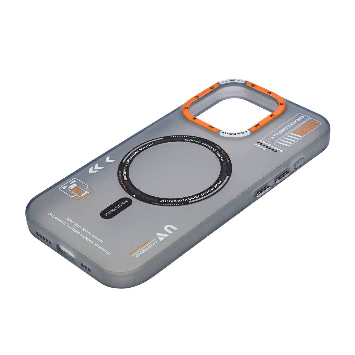 Frosted Futuristic Tech Design with Orange Accents Phone Case for iPhone 15 Pro