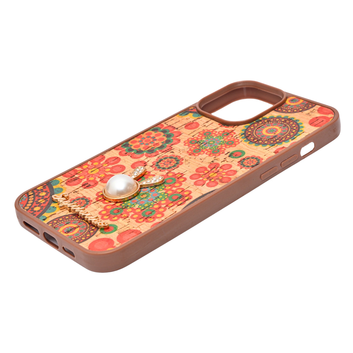 Bohemian Ethnic Print Cork Texture with Pearl Detail Phone Case for iPhone 13 Pro Max