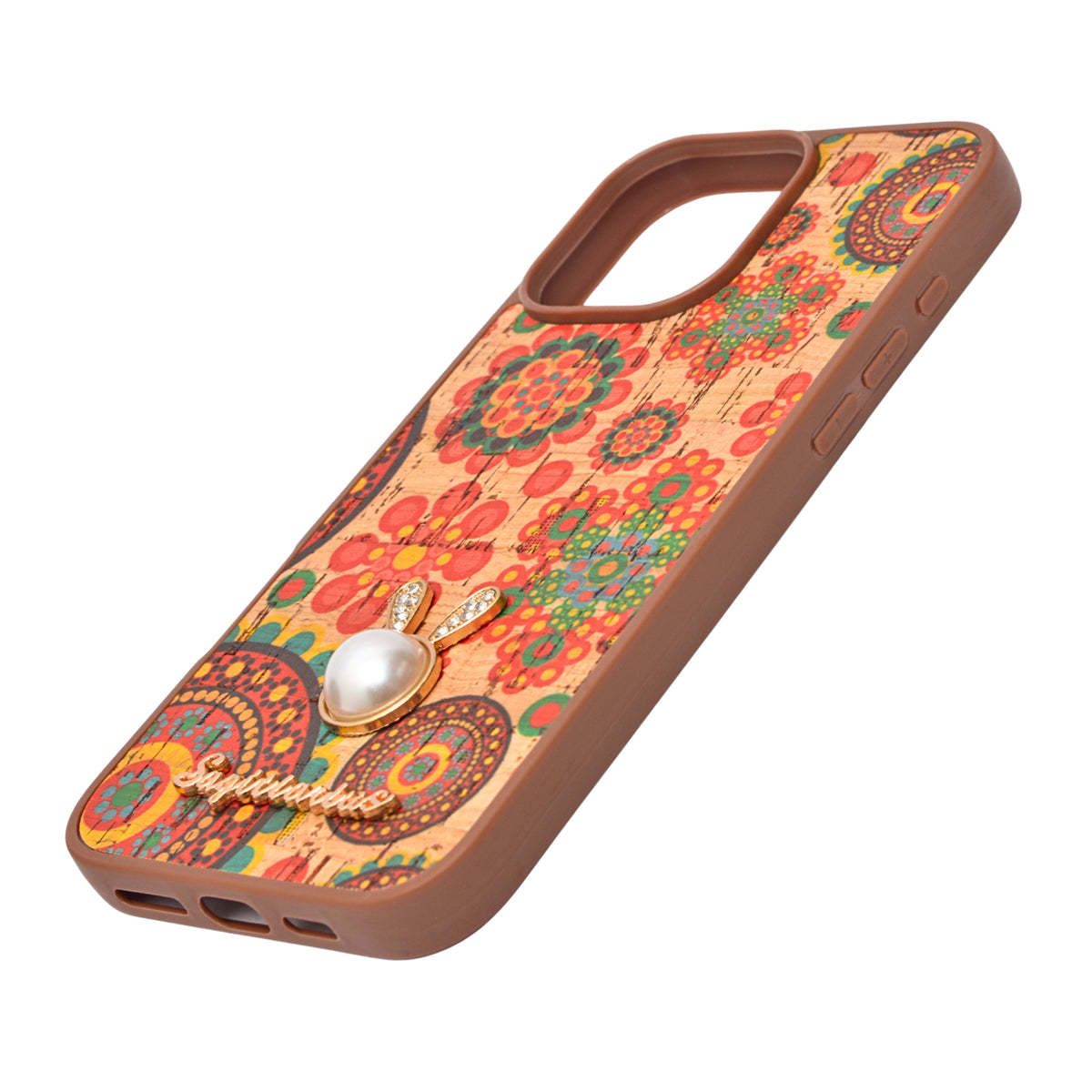Bohemian Ethnic Print Cork Texture with Pearl Detail Phone Case for iPhone 16 Pro Max