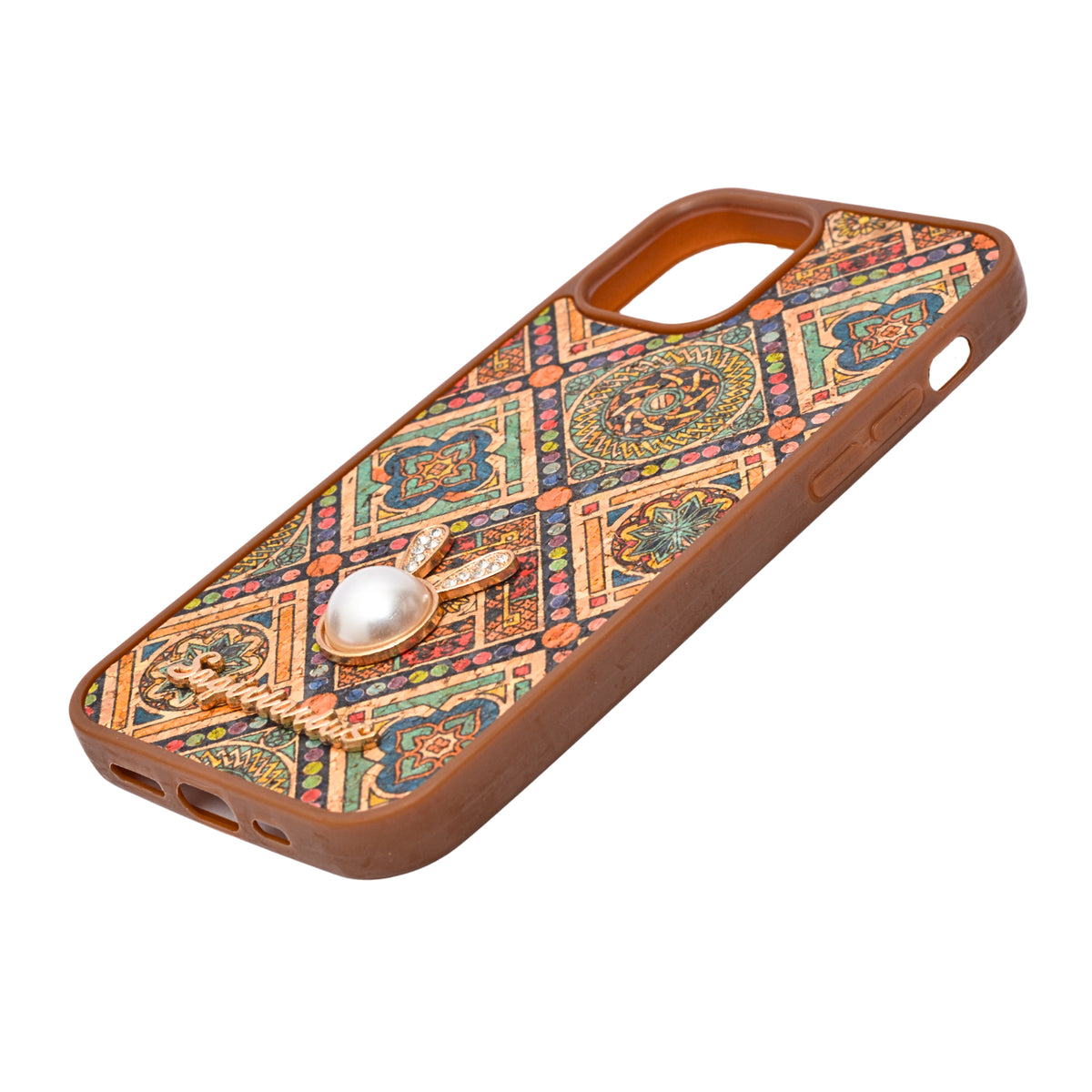 Bohemian Ethnic Print Cork Texture with Pearl Detail Phone Case for iPhone 12 / 12 Pro