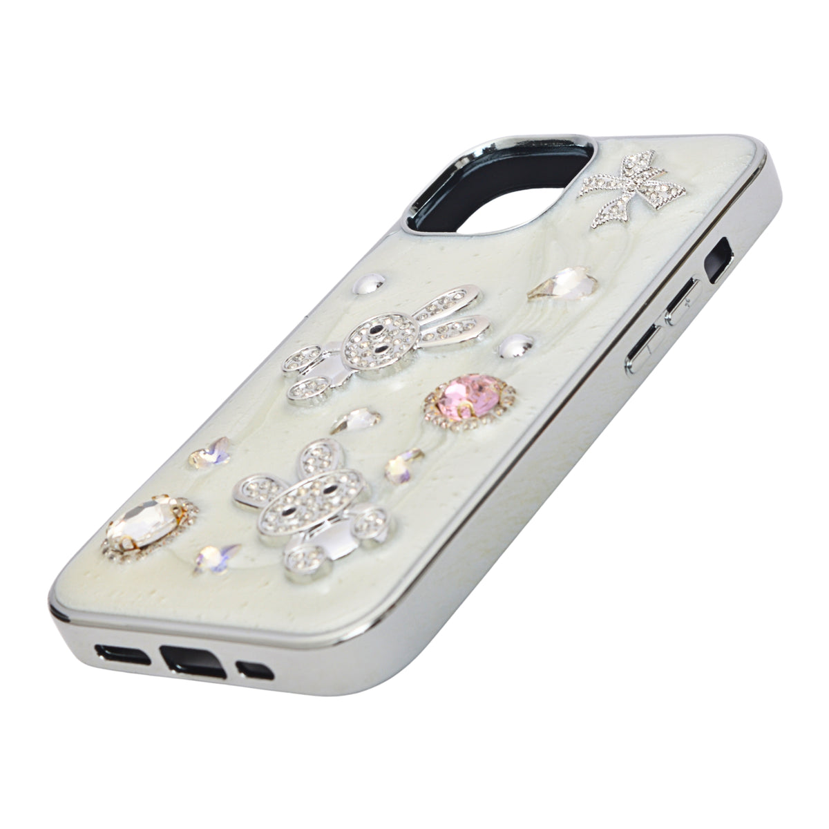 Rhinestone Embellished White Marble Phone Case for iPhone 13/ 14