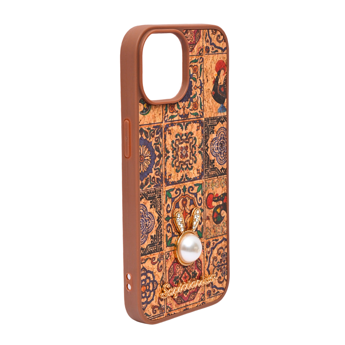Bohemian Ethnic Print Cork Texture with Pearl Detail Phone Case for iPhone 15
