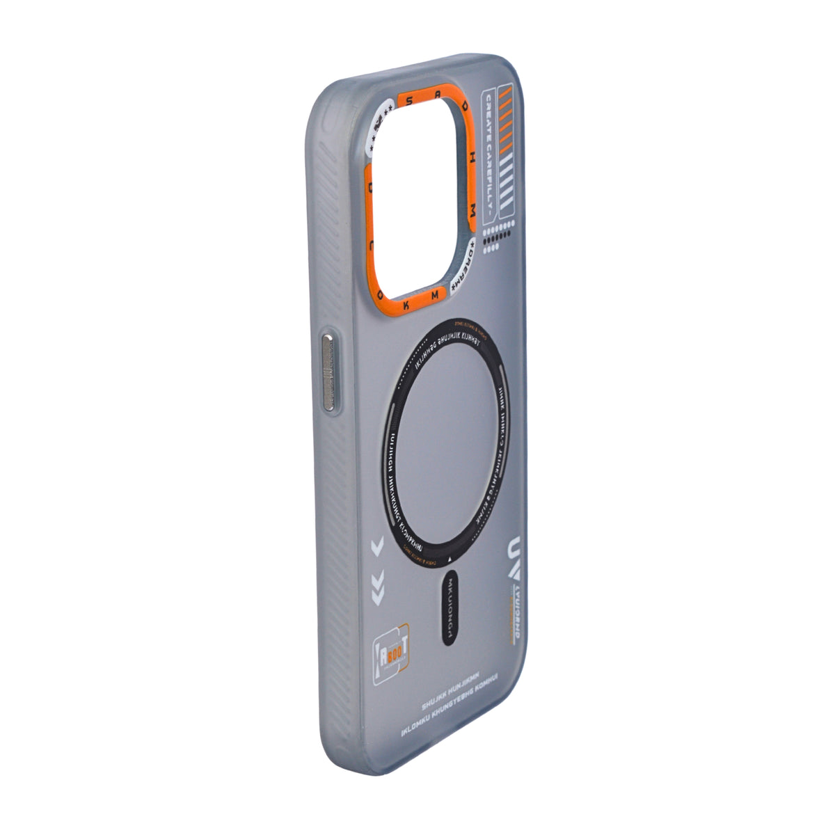 Frosted Futuristic Tech Design with Orange Accents Phone Case for iPhone 15 Pro