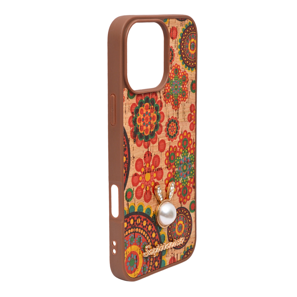 Bohemian Ethnic Print Cork Texture with Pearl Detail Phone Case for iPhone 16 Pro Max