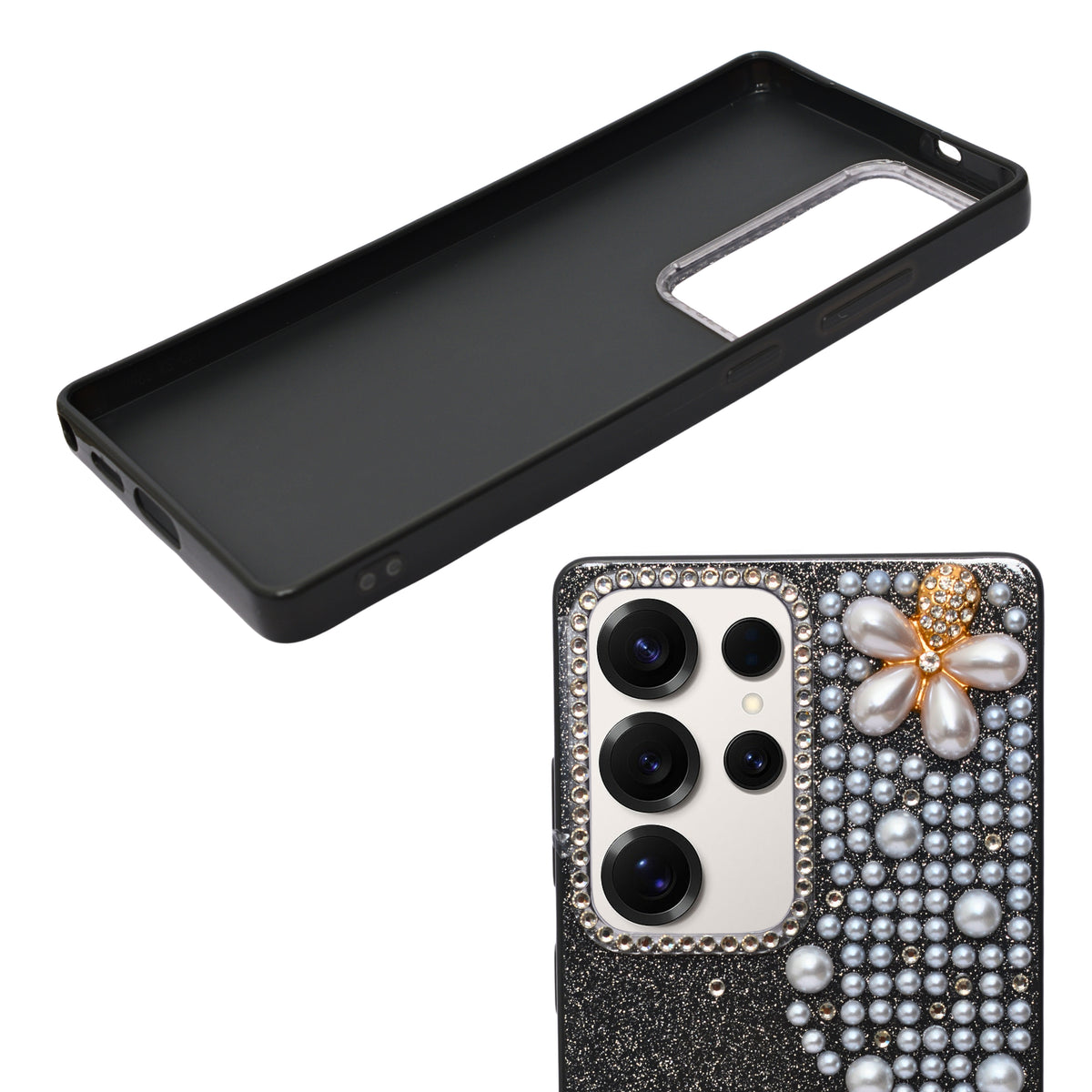 Luxury Glitter Finish with 3D Pearl Flower Design Phone Case for Samsung S24 Ultra