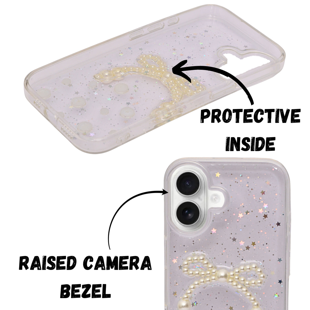 Elegant Pearl Bow Resin Glitter Phone Case for iPhone 16