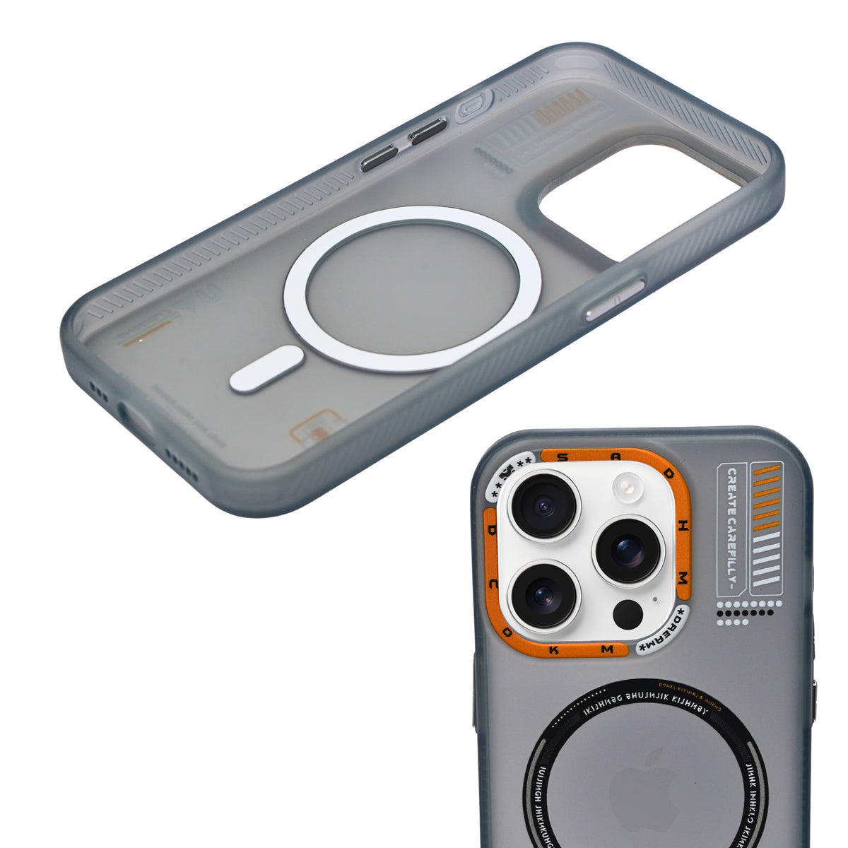 Frosted Futuristic Tech Design with Orange Accents Phone Case for iPhone 15 Pro