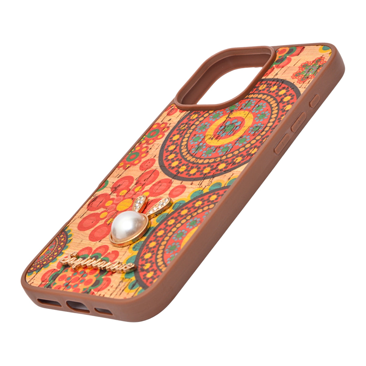 Bohemian Ethnic Print Cork Texture with Pearl Detail Phone Case for iPhone 16 Pro Max