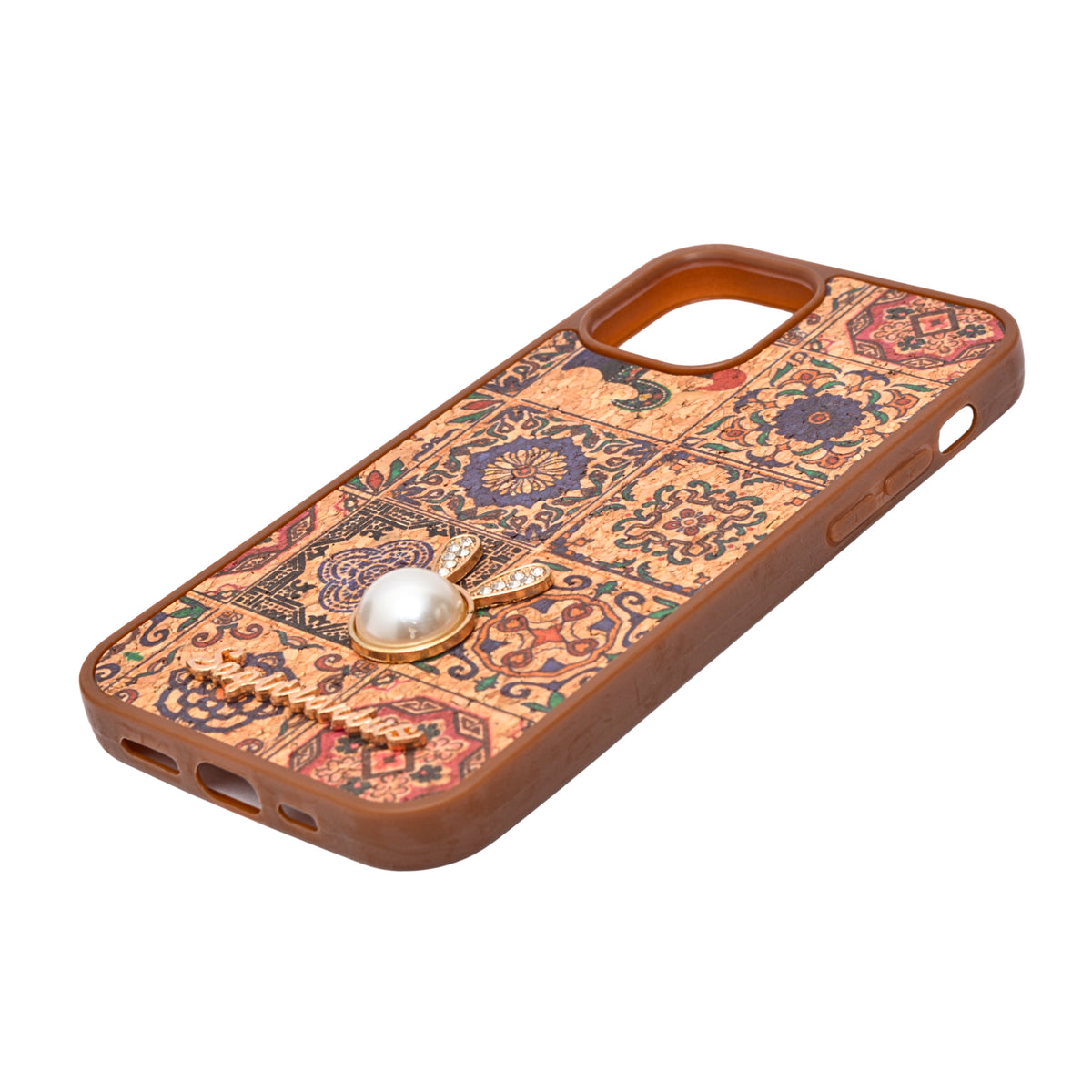 Bohemian Ethnic Print Cork Texture with Pearl Detail Phone Case for iPhone 12 / 12 Pro