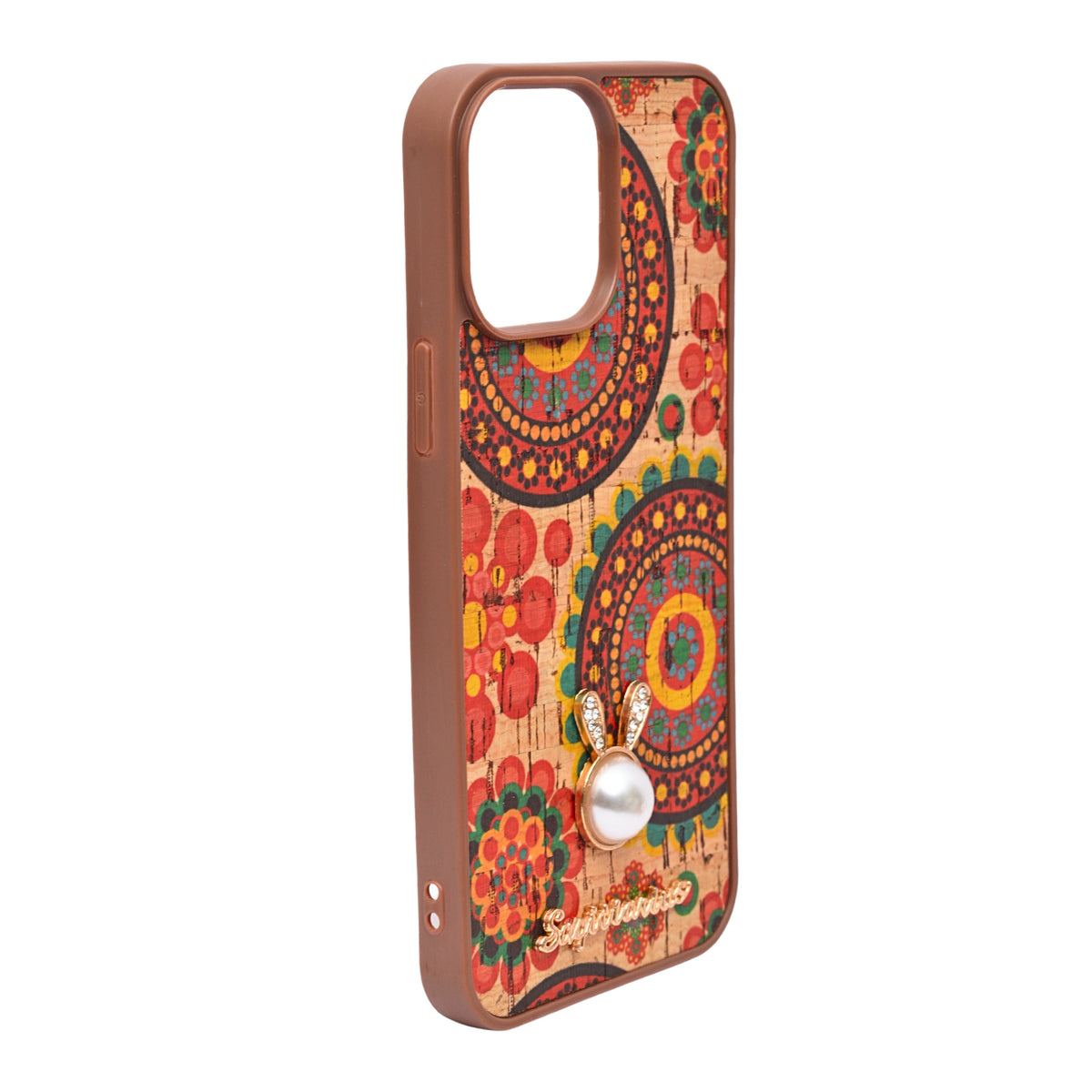 Bohemian Ethnic Print Cork Texture with Pearl Detail Phone Case for iPhone 13 Pro Max