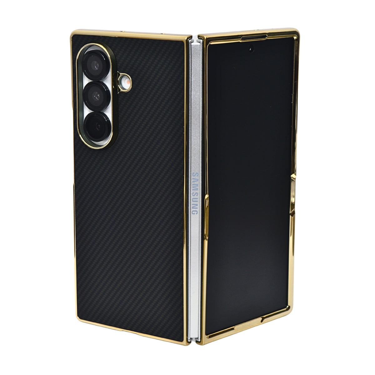 Carbon Fiber Texture with Golden Metallic Frame Phone Case For Samsung Galaxy Z Fold 7