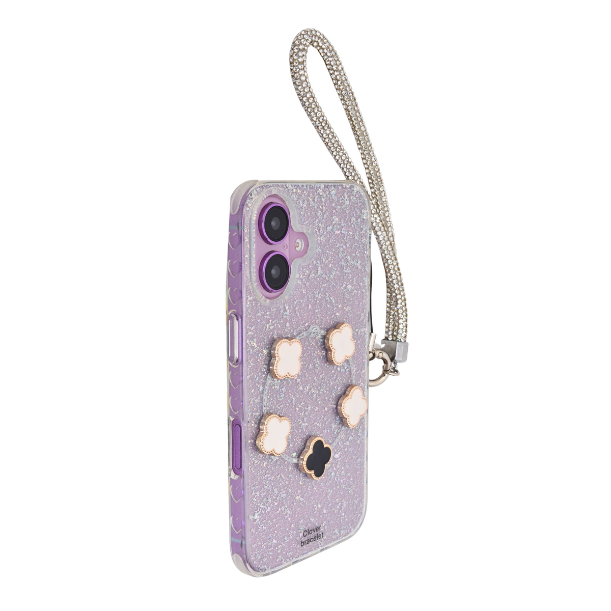 Glitter Clover Charm with Wristlet Phone Case for iPhone 16