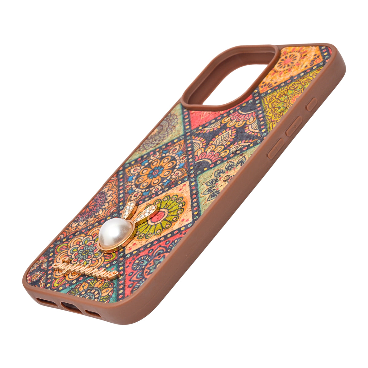 Bohemian Ethnic Print Cork Texture with Pearl Detail Phone Case for iPhone 16 Pro Max