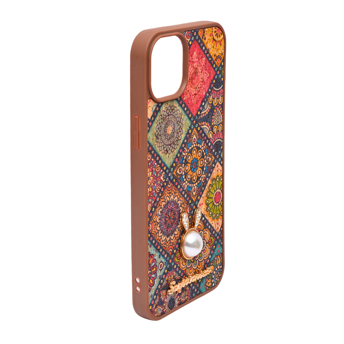 Bohemian Ethnic Print Cork Texture with Pearl Detail Phone Case for iPhone 14 Plus / 15 Plus