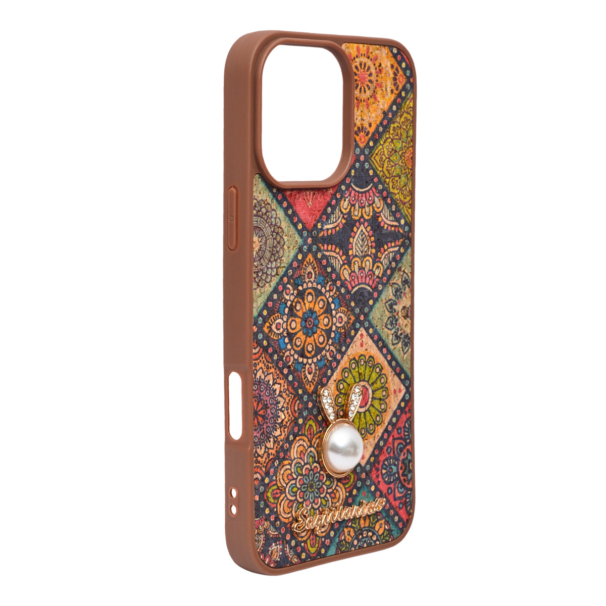 Bohemian Ethnic Print Cork Texture with Pearl Detail Phone Case for iPhone 16 Pro Max