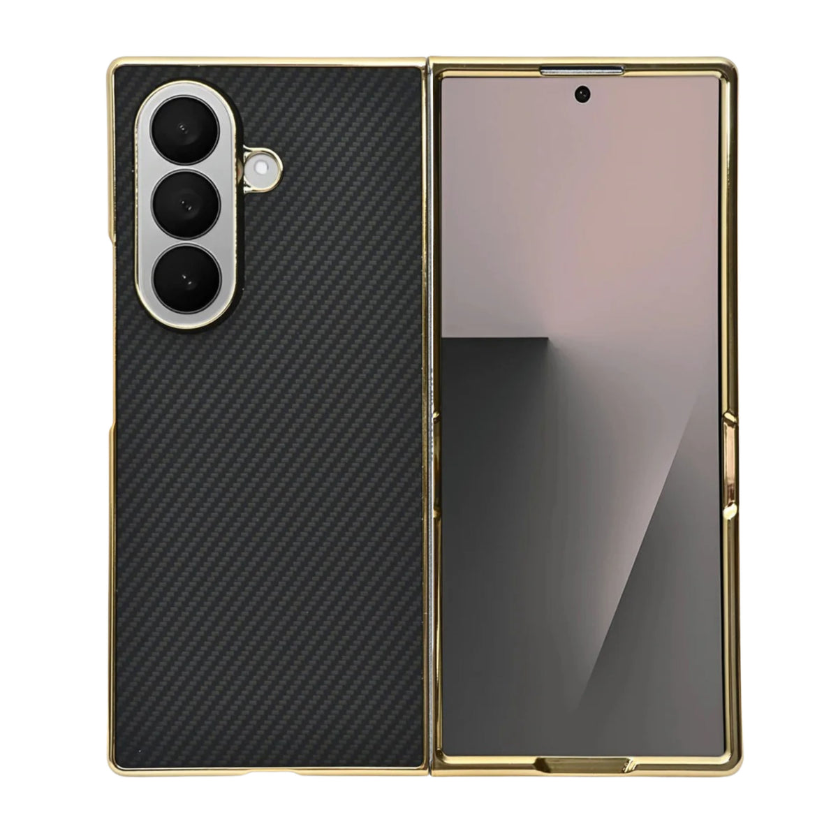 Carbon Fiber Texture with Golden Metallic Frame Phone Case For Samsung Galaxy Z Fold 7