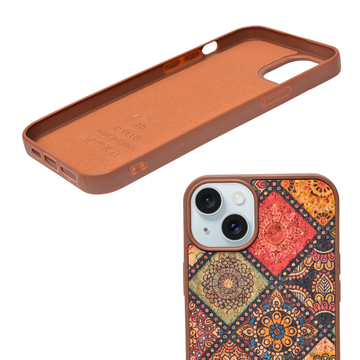 Bohemian Ethnic Print Cork Texture with Pearl Detail Phone Case for iPhone 14 Plus / 15 Plus