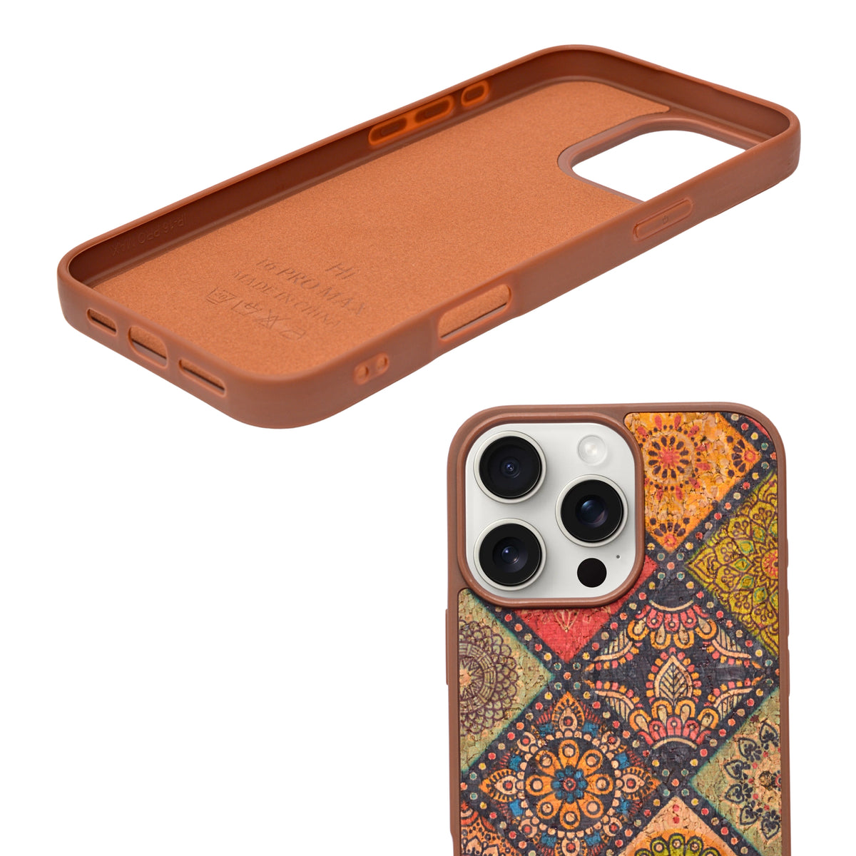 Bohemian Ethnic Print Cork Texture with Pearl Detail Phone Case for iPhone 16 Pro Max
