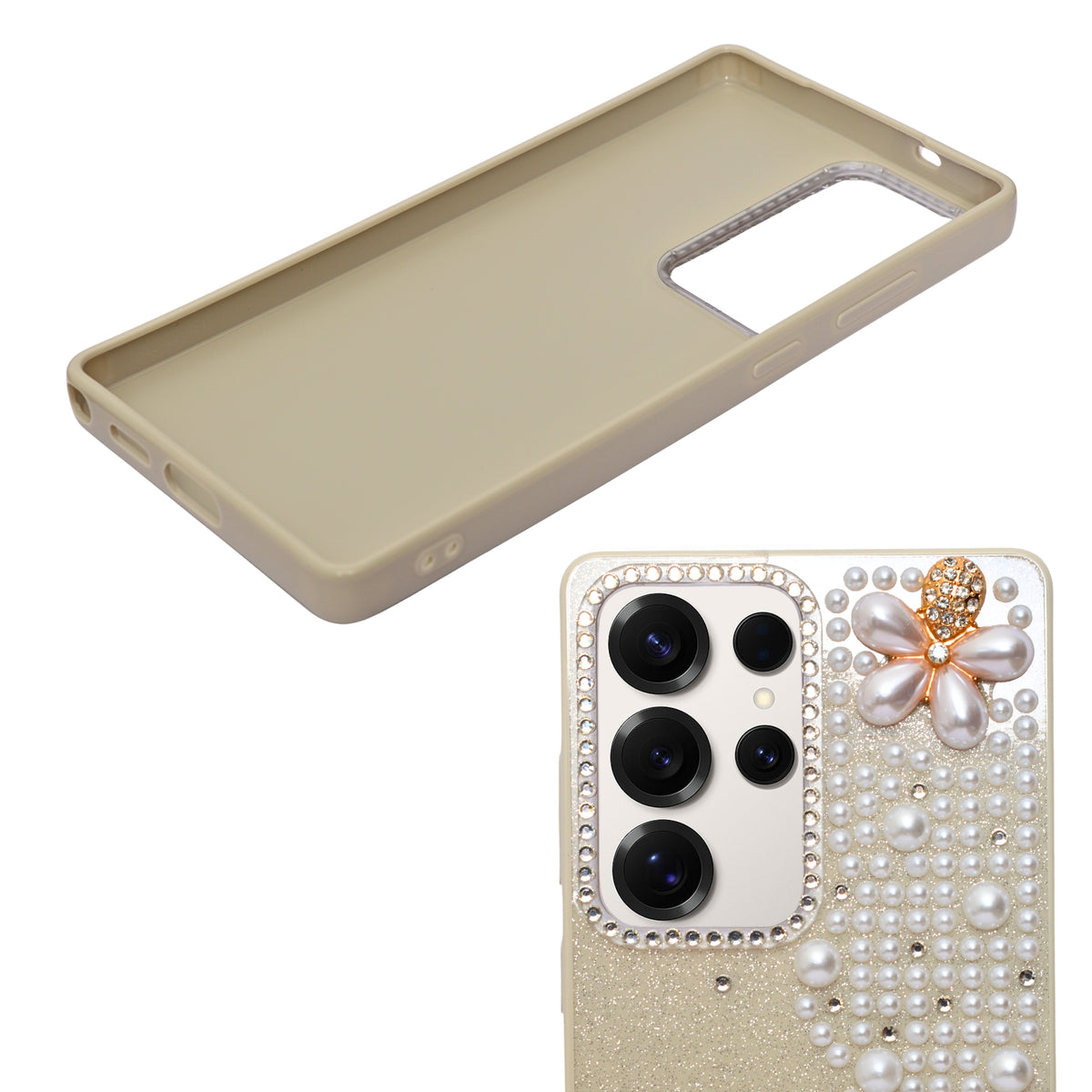 Luxury Glitter Finish with 3D Pearl Flower Design Phone Case for Samsung S24 Ultra