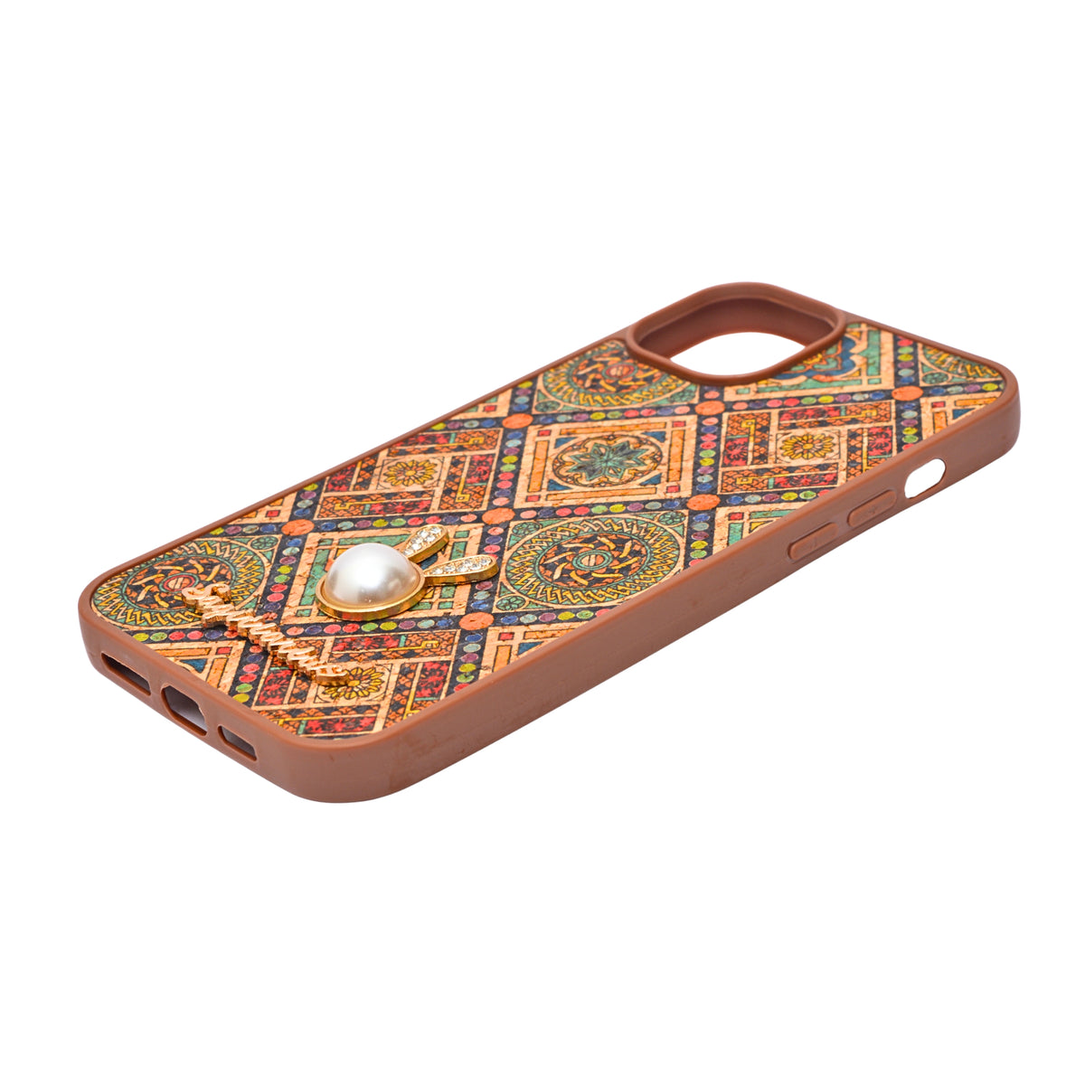Bohemian Ethnic Print Cork Texture with Pearl Detail Phone Case for iPhone 14 Plus / 15 Plus