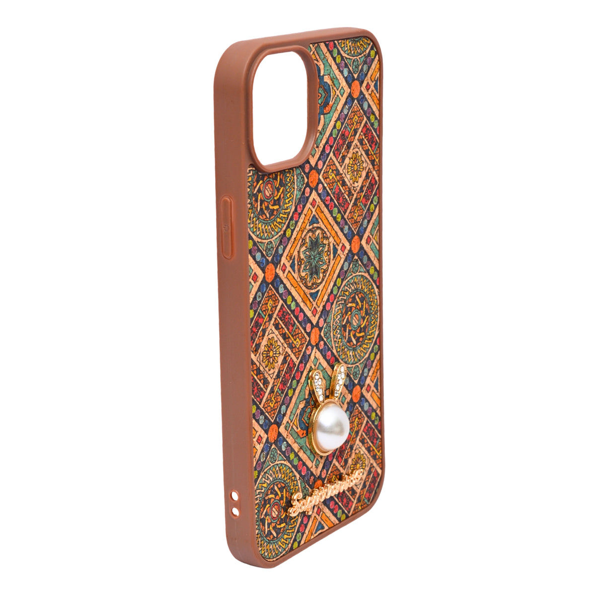 Bohemian Ethnic Print Cork Texture with Pearl Detail Phone Case for iPhone 14 Plus / 15 Plus